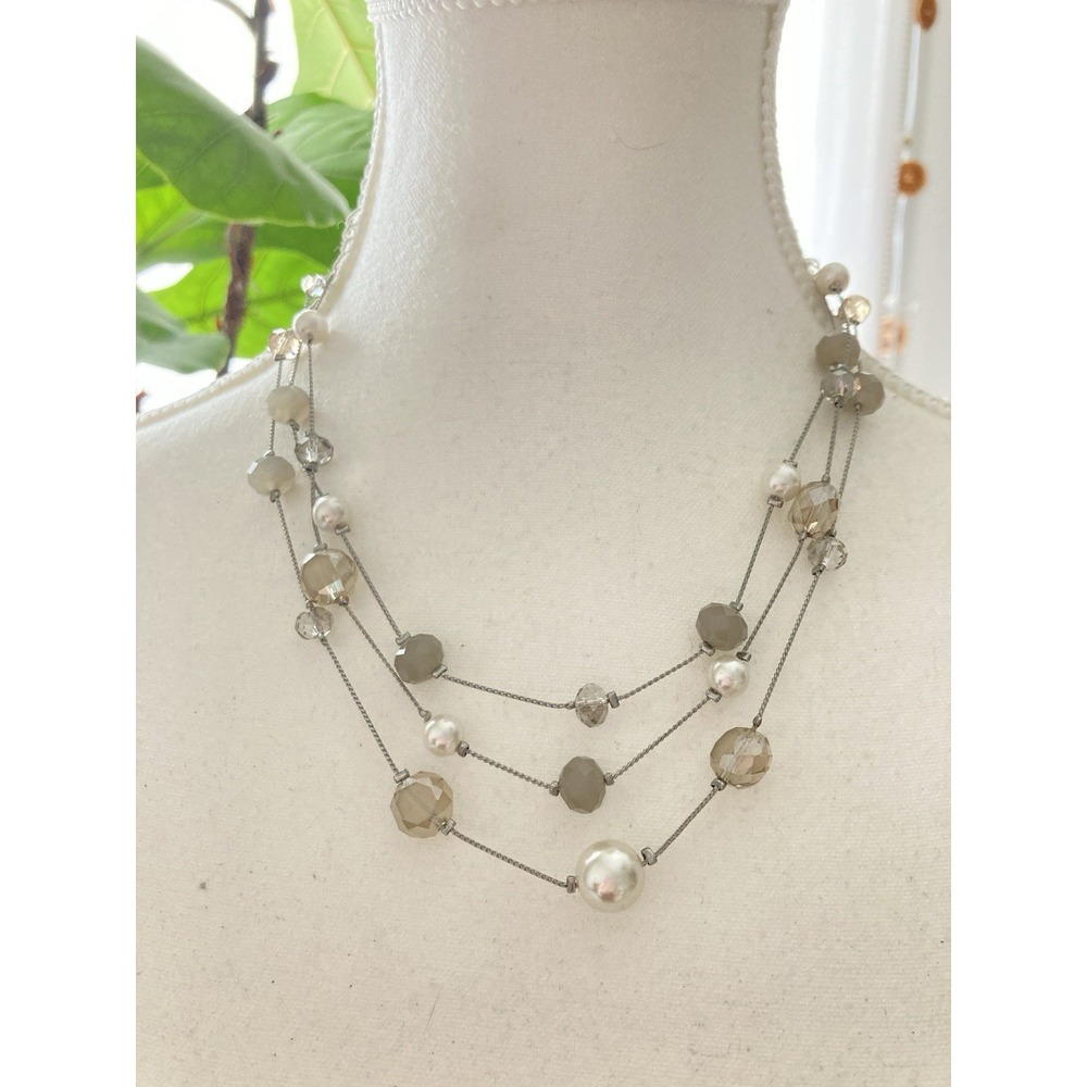 Multi Strand Faux Pearl Beaded Necklace Silver‎ Tone Gray Taupe Faceted Beads
